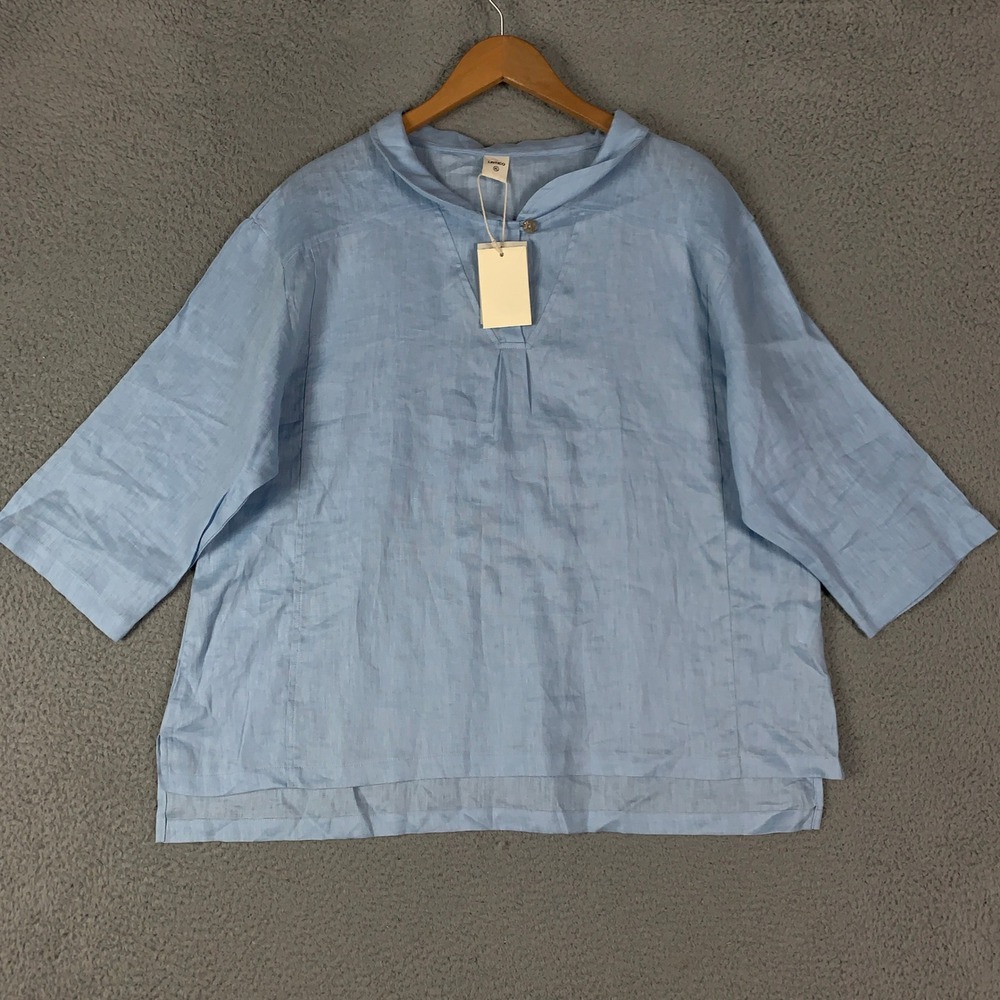 LINTICO 100% Linen Tunic Top Women's XL Blue V-Neck Casual Boho Relaxed Pullover